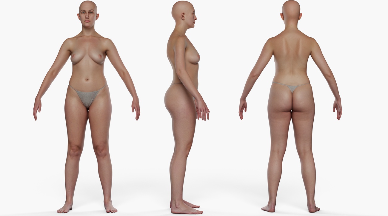 Full body 3D scan of a soft-figured female with smooth skin, retopologised quad mesh, front and side views